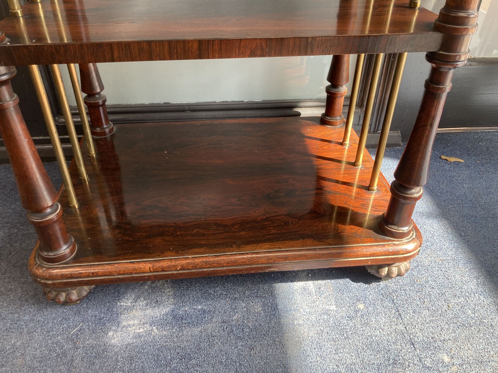 A Victorian rosewood three tier whatnot, width 61cm, depth 46cm, height 84cm